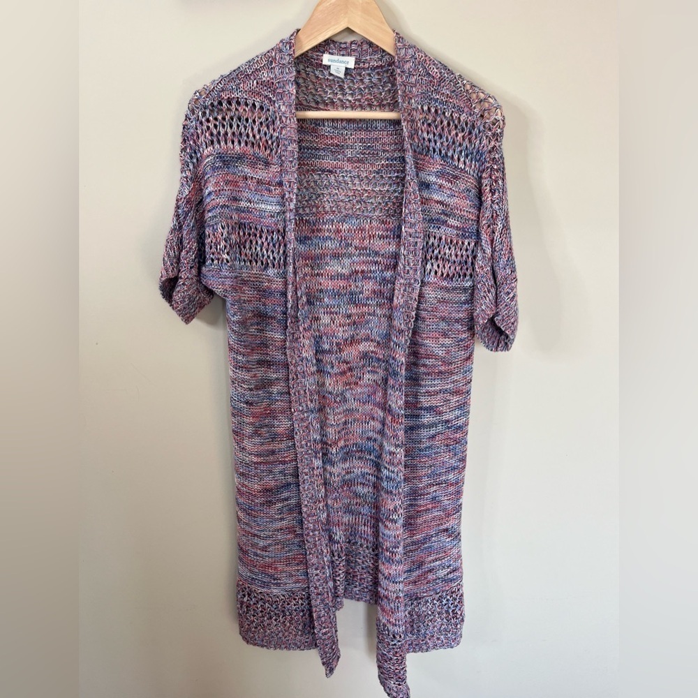 Sundance Open Hang Long Sweater Short Sleeve Size Medium Pink Blue Red